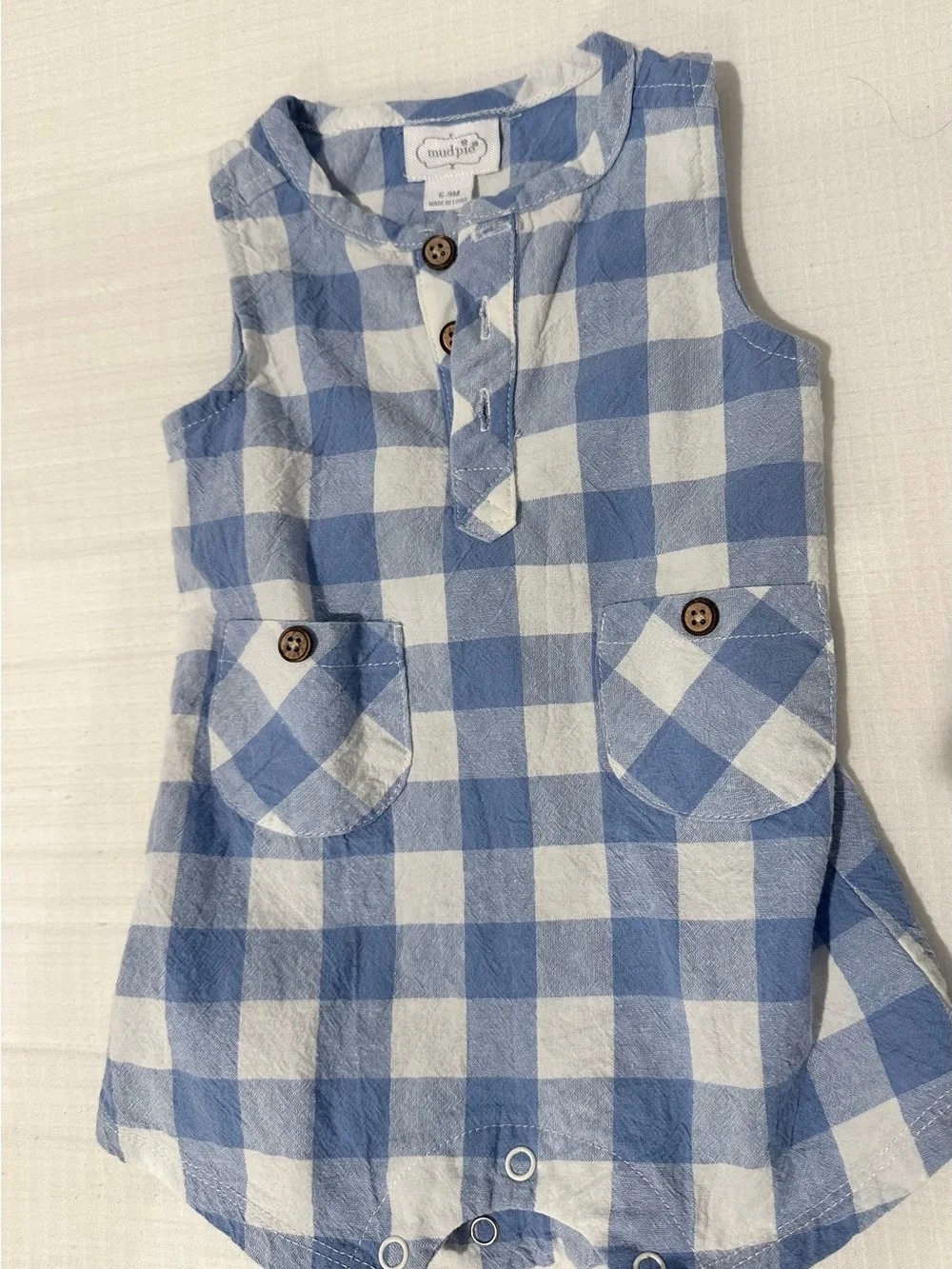 Mud Pie Blue and White Gingham Sleeveless Romper